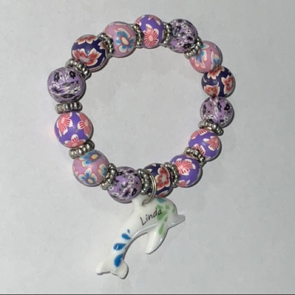 Linda Dolphin Charm Watercolor Floral Beaded Stretch Bracelet